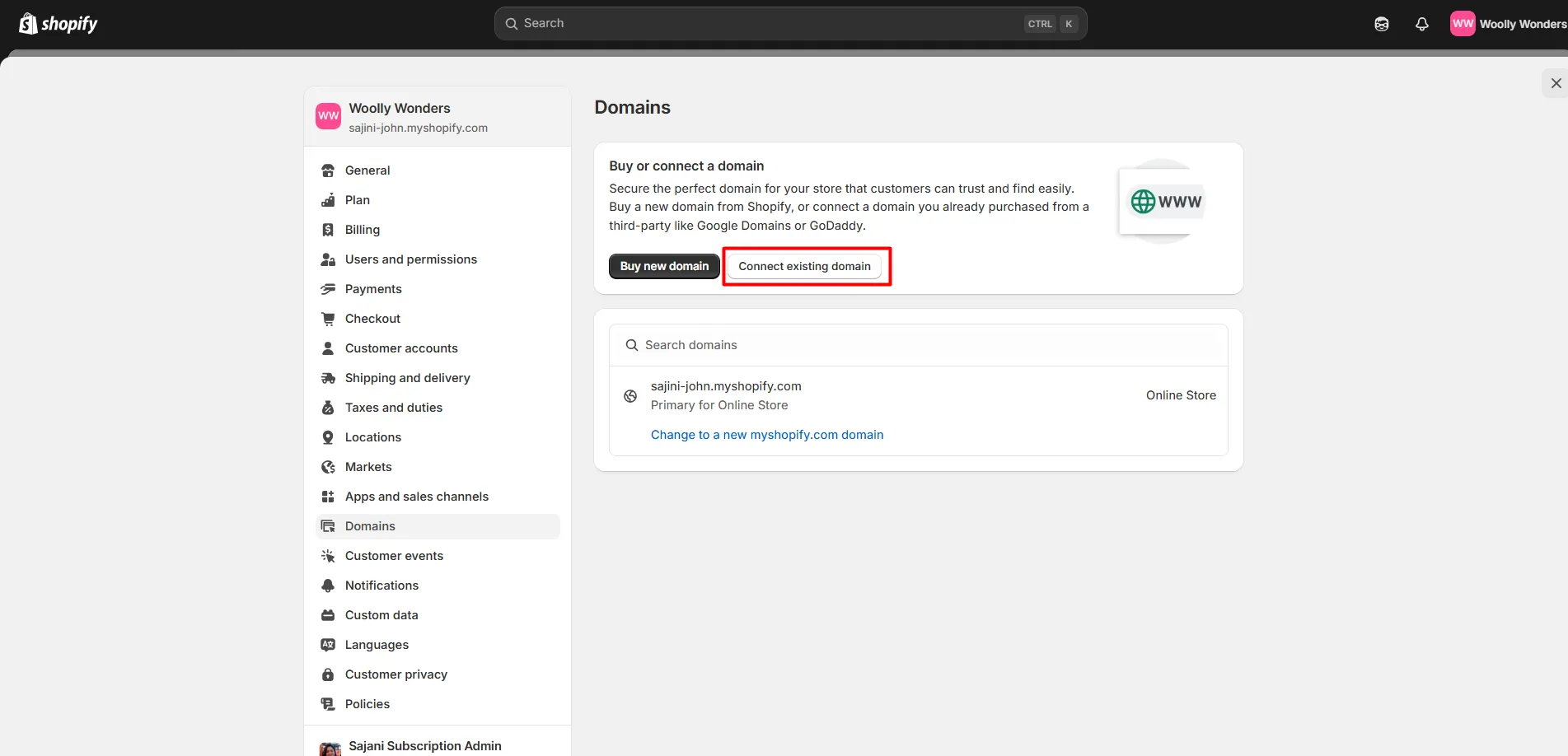 connect existing shopify domain