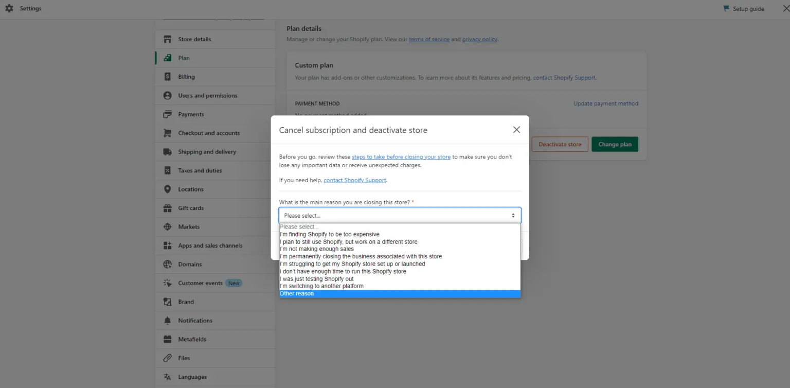 reason for deleting shopify account