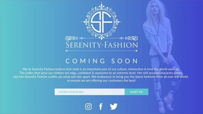 Serenity Fashion’s coming soon page with an elegant, fashion-forward look